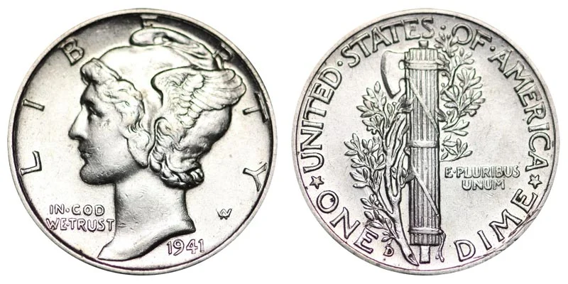 1941 Mercury dime obverse and reverse showing Winged Liberty Head design and fasces reverse