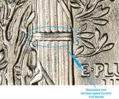 Close-up of 1941 Mercury dime fasces reverse showing Full Bands designation with clearly split central crossbands