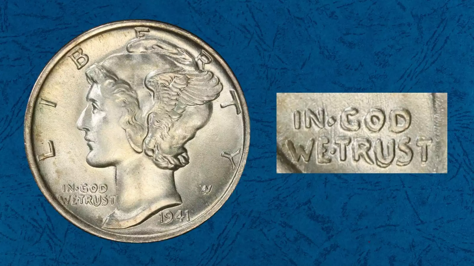 Close-up of 1941 Mercury dime obverse DDO FS-101 error showing doubled date and LIBERTY legend lettering