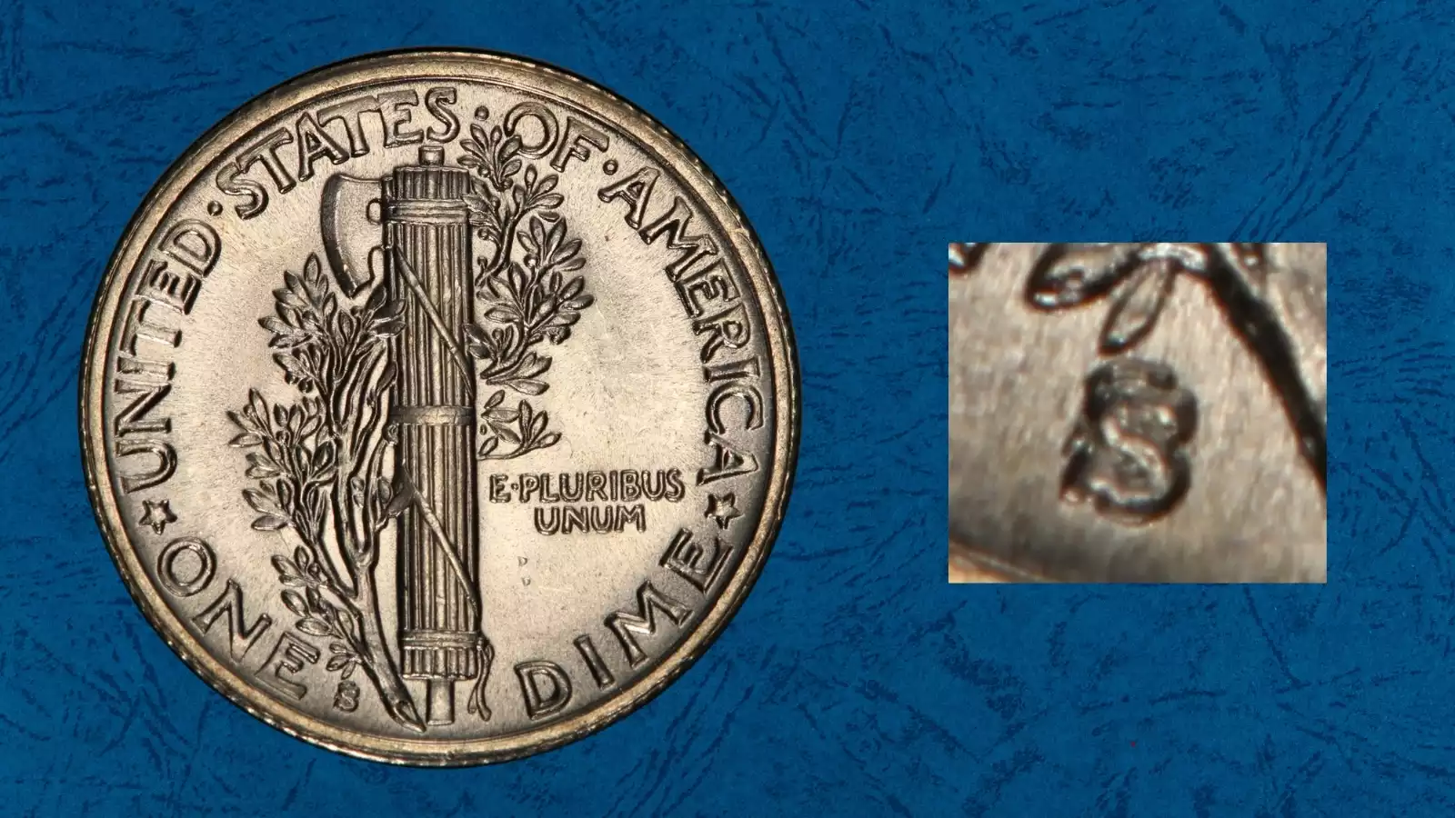 Close-up of 1941-S Mercury dime mint mark showing repunched mint mark (RPM) with secondary S impression visible