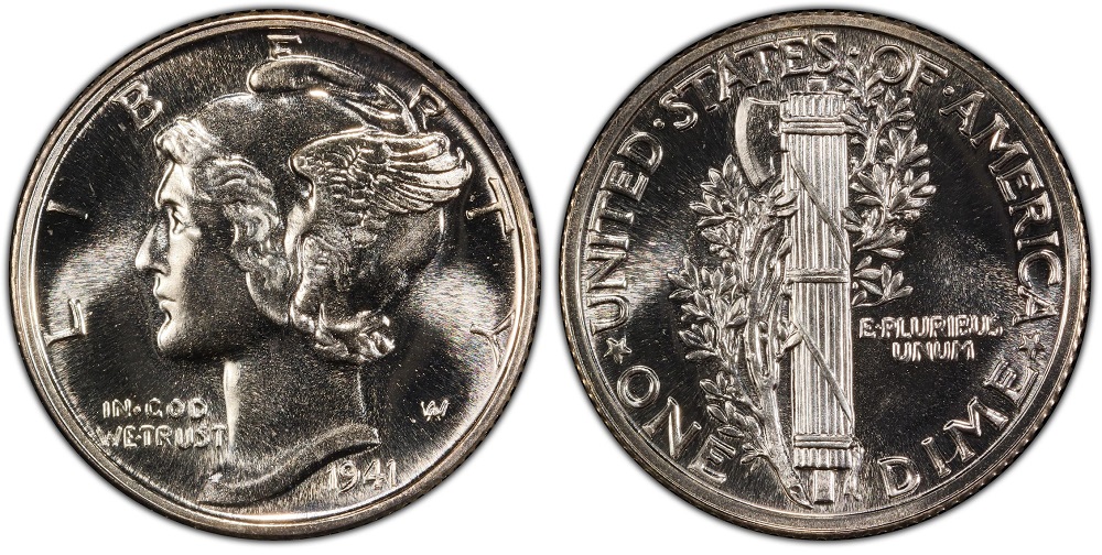 1941 Philadelphia proof Mercury dime showing mirror-like fields and frosted Liberty portrait with full proof strike quality