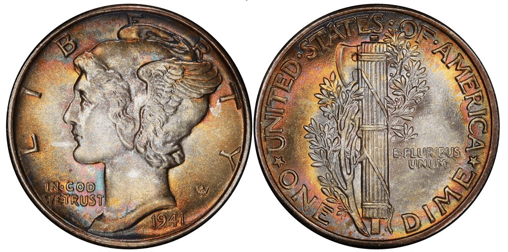 1941 Mercury dime grading strip showing four condition examples: Good (worn), Very Fine (circulated), MS-63 (uncirculated), and MS-65 (gem)